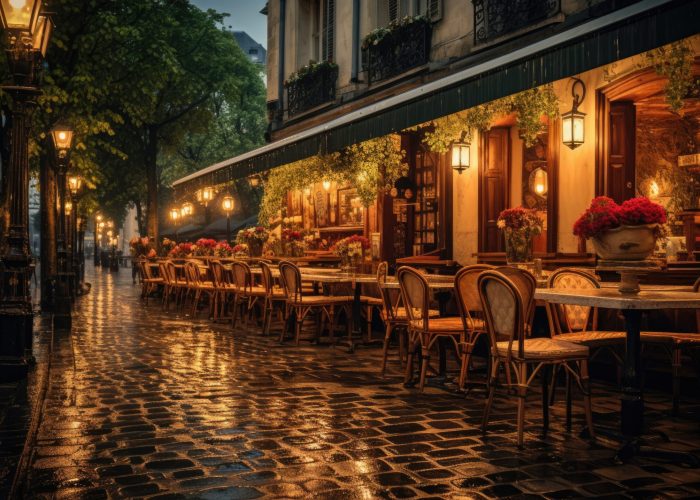 Paris's cozy restaurants and rainy street scenes, capturing the calm and romantic atmosphere of the city. Generative AI